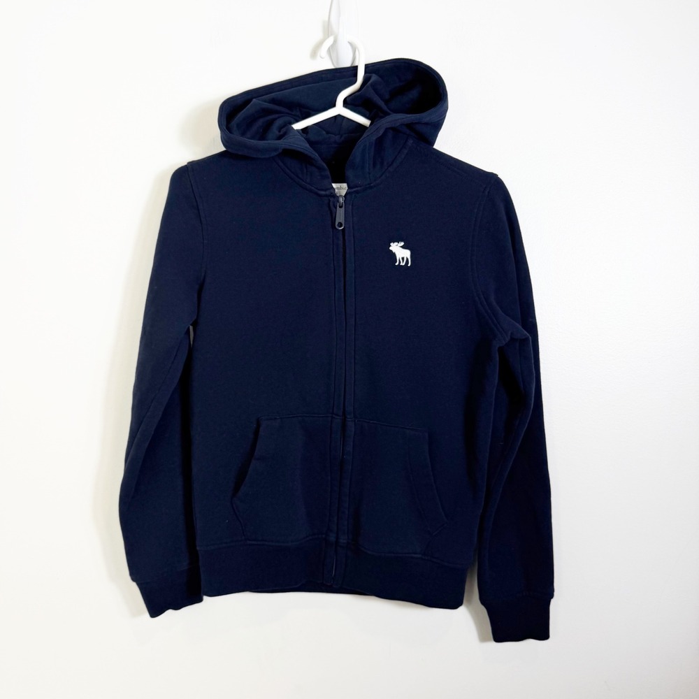 Abercrombie Kids Zip Hoodie Boys 11/12 Navy Blue Moose Logo Fleece Sweatshirt
